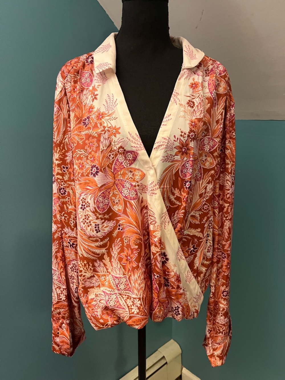 By Anthropologie Orange Paisley Satin Blouse Size XL